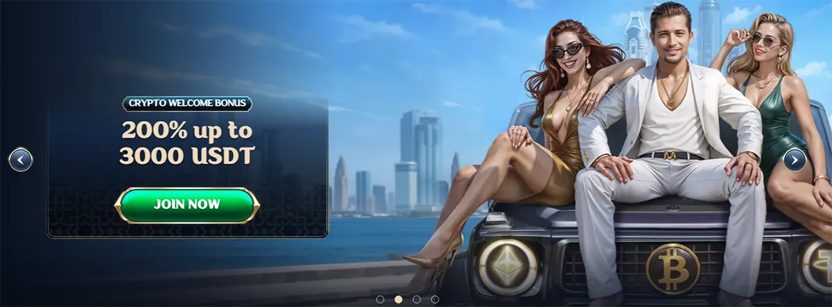 Casino promotional banner advertising a crypto welcome bonus of 200% up to 3000 USDT, featuring a stylish man and two women sitting on a luxury car with a city skyline in the background and a “Join Now” call-to-action button.