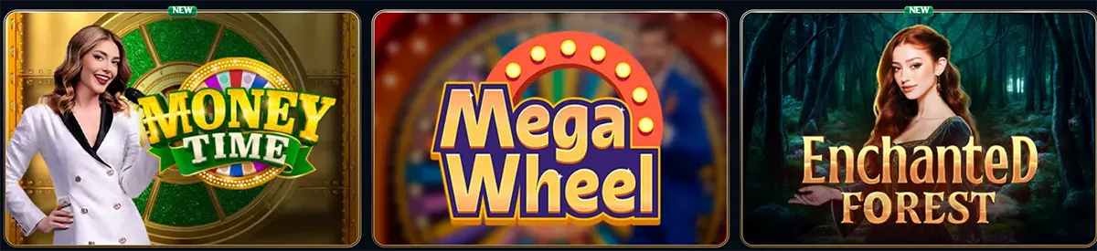 Online casino game thumbnails showing Money Time with a female host, Mega Wheel game show wheel, and Enchanted Forest slot featuring a woman in a mystical forest setting.