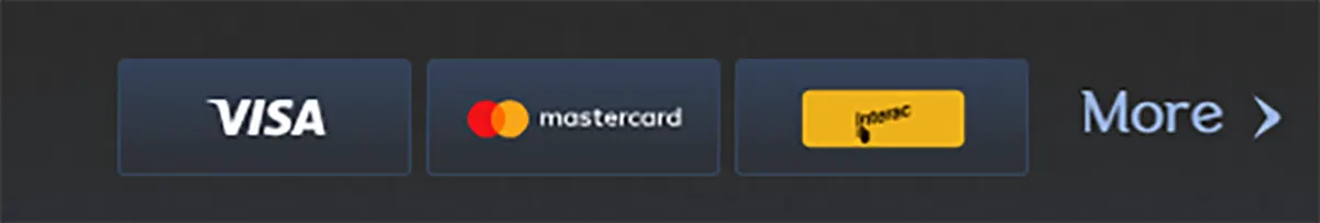 Online casino payment methods section displaying Visa, Mastercard and Paysafecard logos with a “More” option for additional payment options.