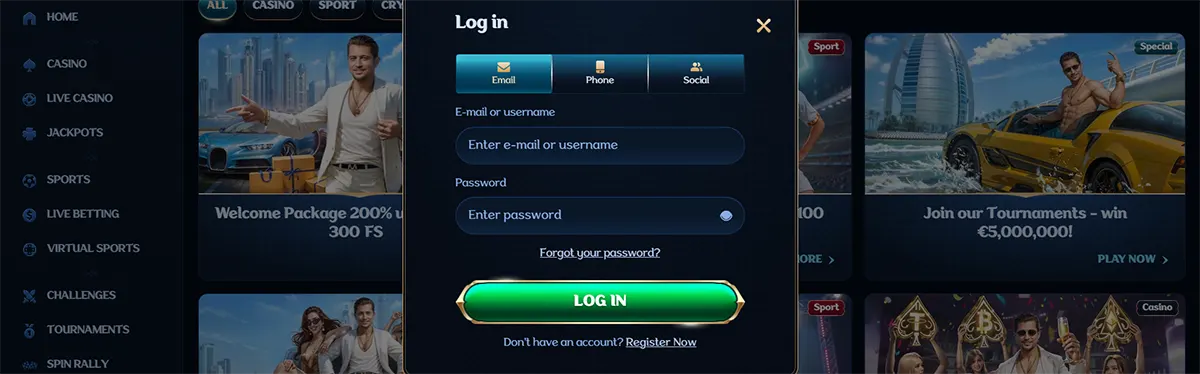 Online casino login popup showing tabs for email, phone and social login, with fields for email or username and password, a green “Log In” button, and a registration link on a dark casino interface.